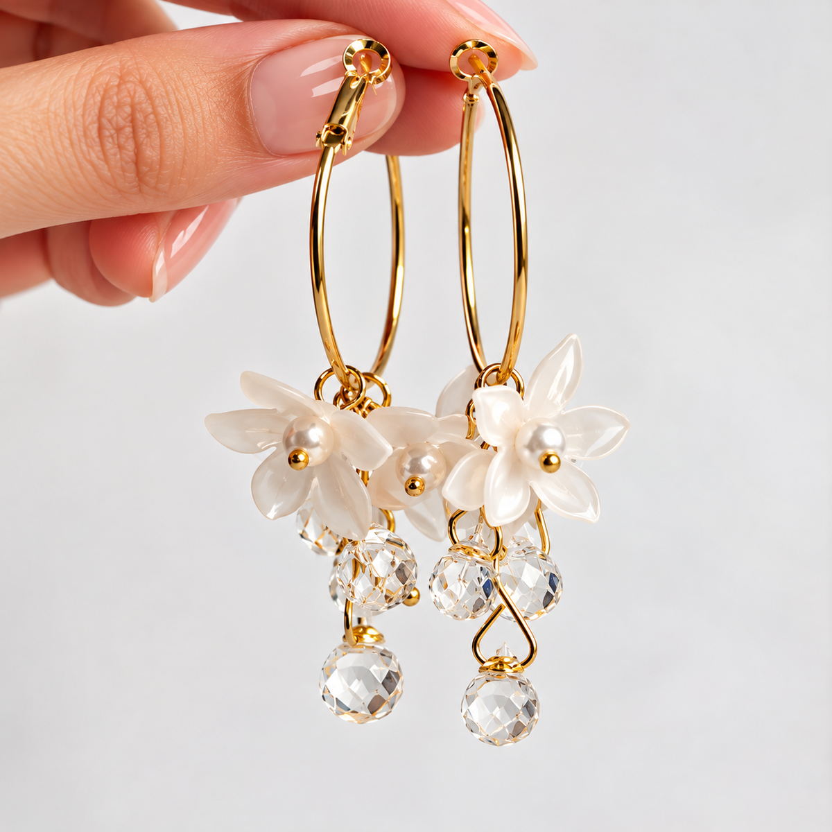 Gold Toned White Flower Crystal Bead Hoop Dangler Earrings for Women