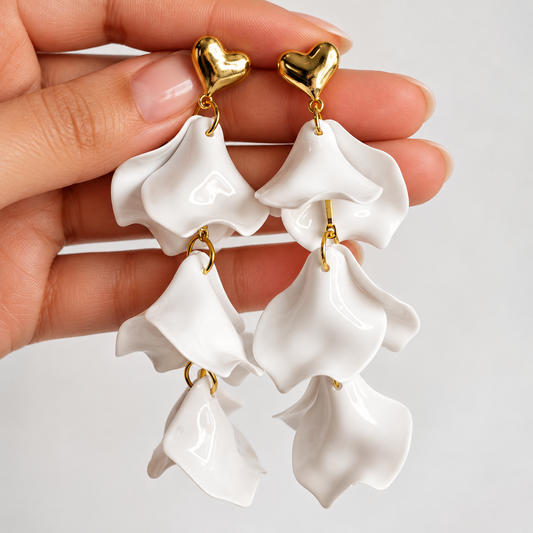 Gold Toned White Petal Heart Dangler Earrings for Women