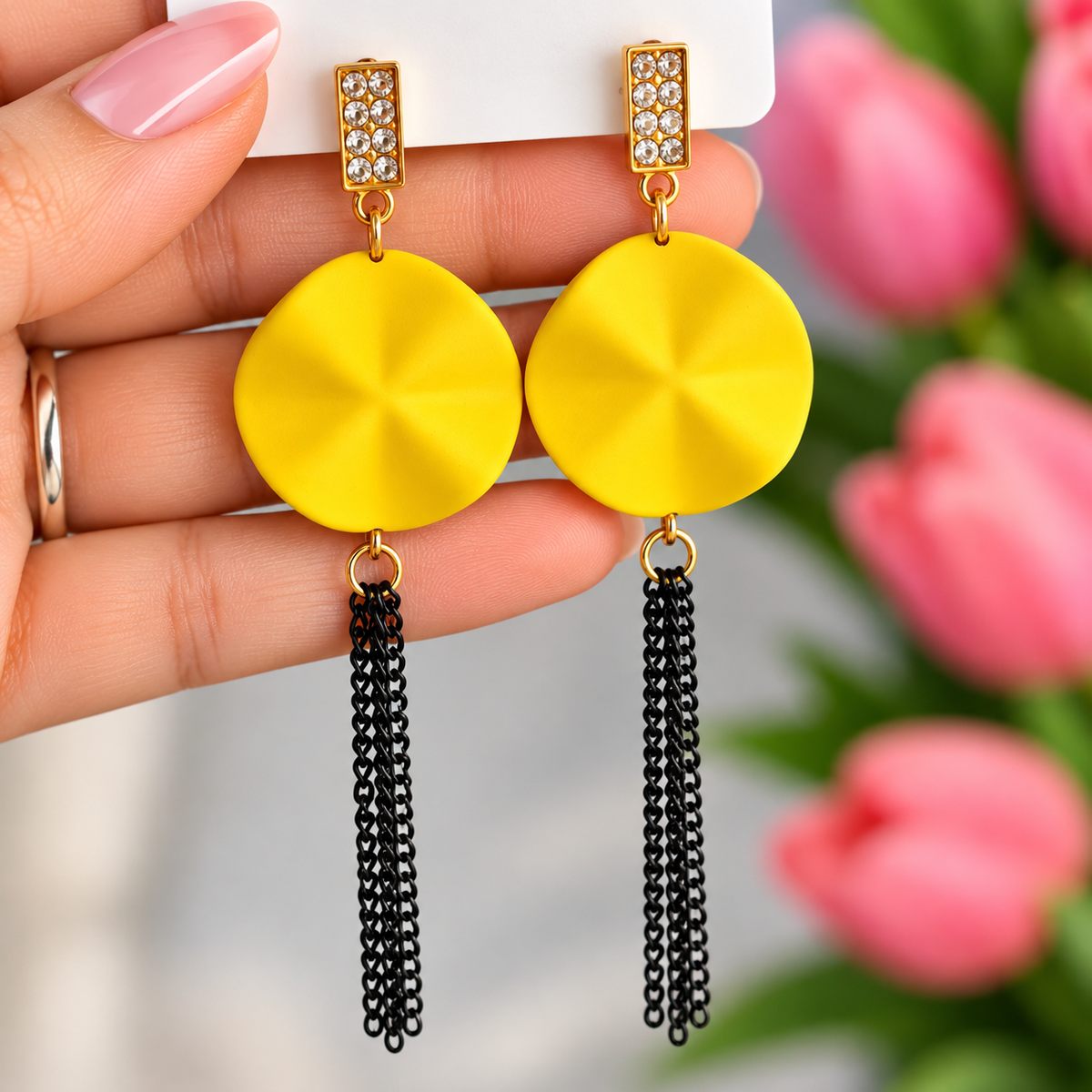 Gold Toned Yellow Disc Black Chain Dangler Earrings for Women