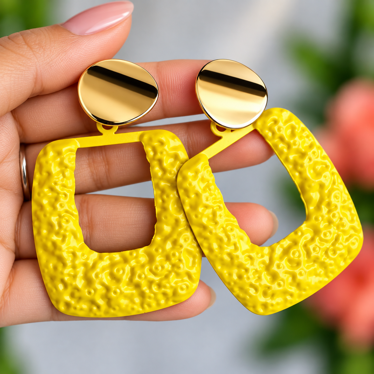 Gold Toned Yellow Textured Square Stud Earrings for Women