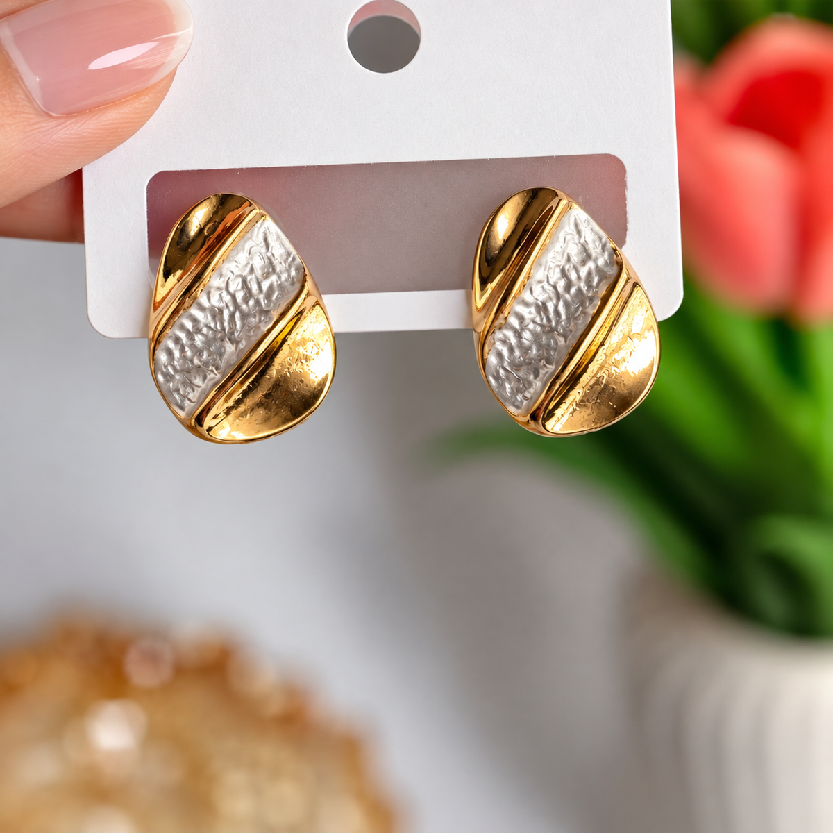 Gold and White Dual Tone Diagonal Textured Stud Earrings for Women