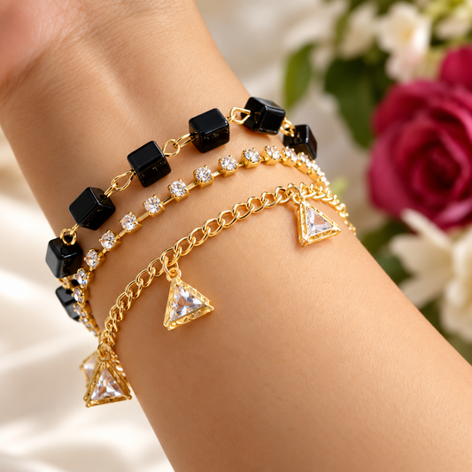 women wearing 3 Layered Black Beads Bracelet