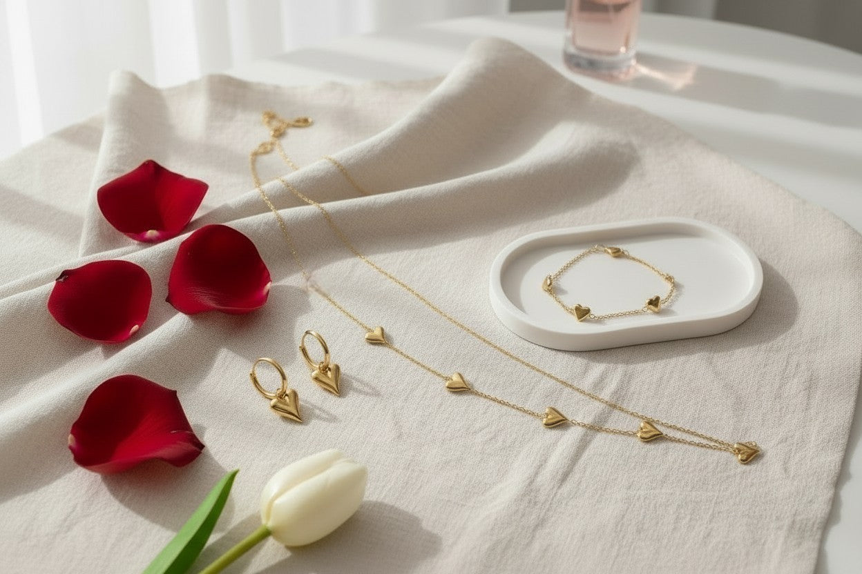 Anti-tarnish 18k Gold-plated Heart Necklace, Heart Earrings & Heart Bracelet Set on a white fabric surface with red rose petals and a white tulip.