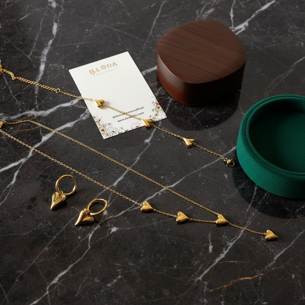 Eternal Heart Symphony Set  on a dark marble surface, with a wooden box and green container in the background.