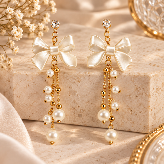 Korean Big Bow Dangler Earrings for Women