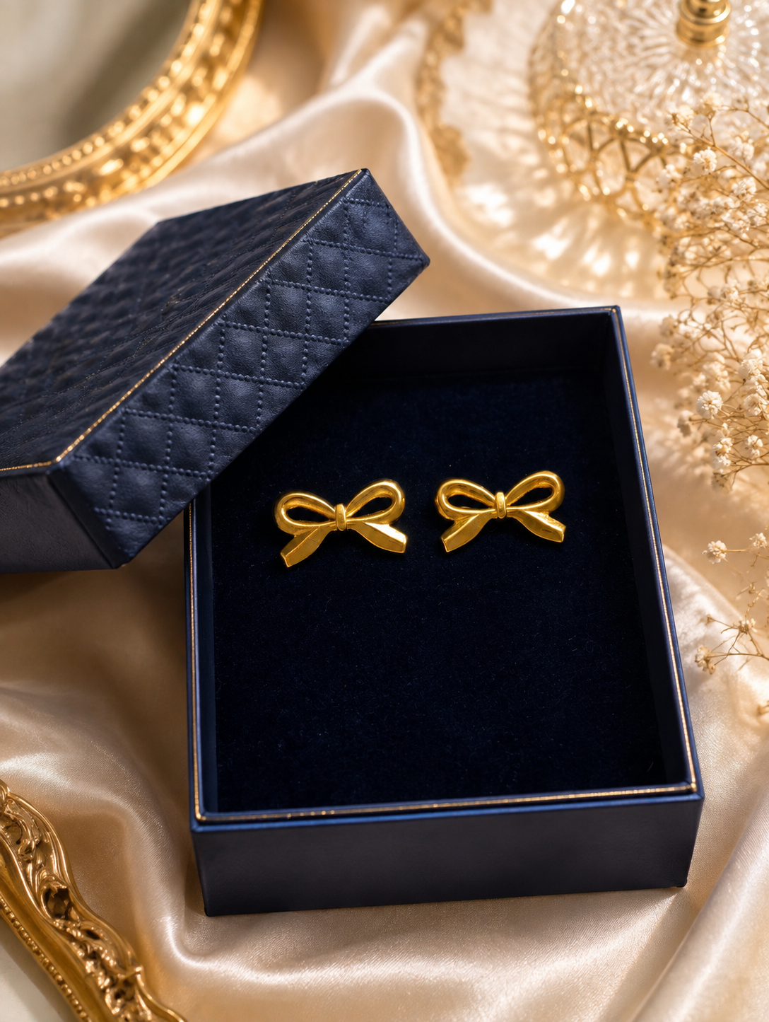Liora Gold Plated Anti Tarnish Bow Stud Earrings in a jewellery box