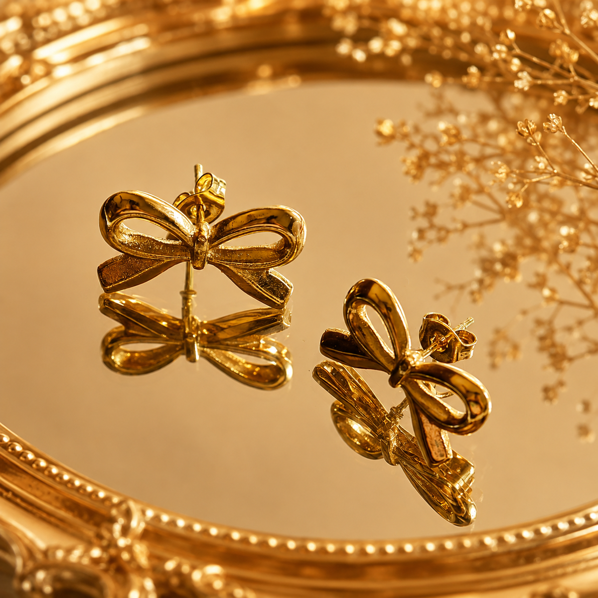 Liora Gold Plated Anti Tarnish Bow Stud Earrings displayed on a reflective gold tray