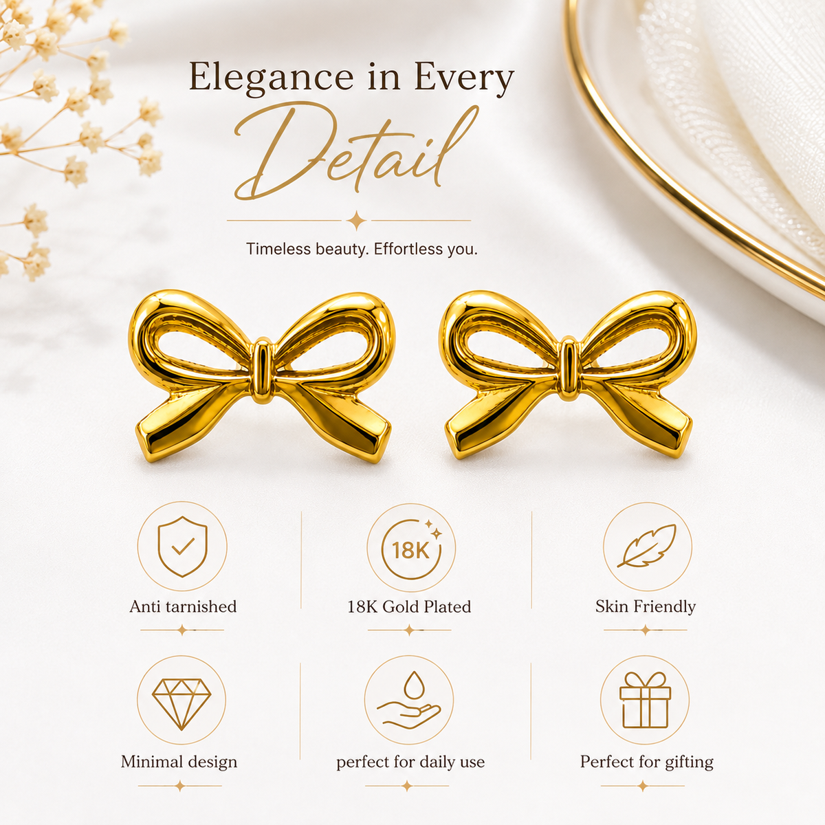 Liora Gold Plated Anti Tarnish Bow Stud Earrings product features
