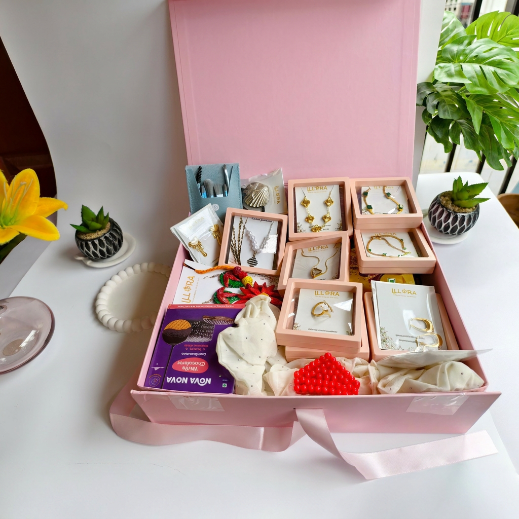 Hamper box for her with various items including jewelleries, sweat treats, and accessories on a white surface with plants in the background