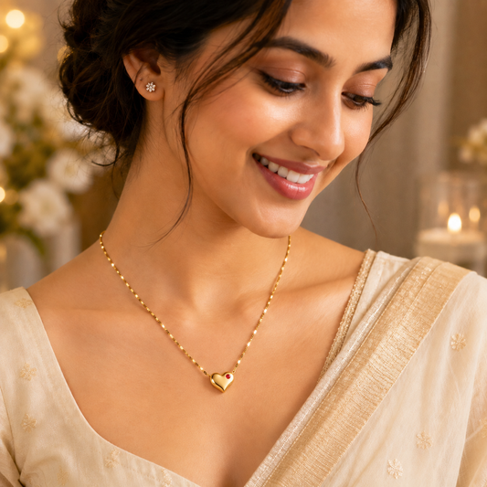 model wearing Gold Plated Anti-Tarnish Red Stone Minimal Heart Necklace for Women