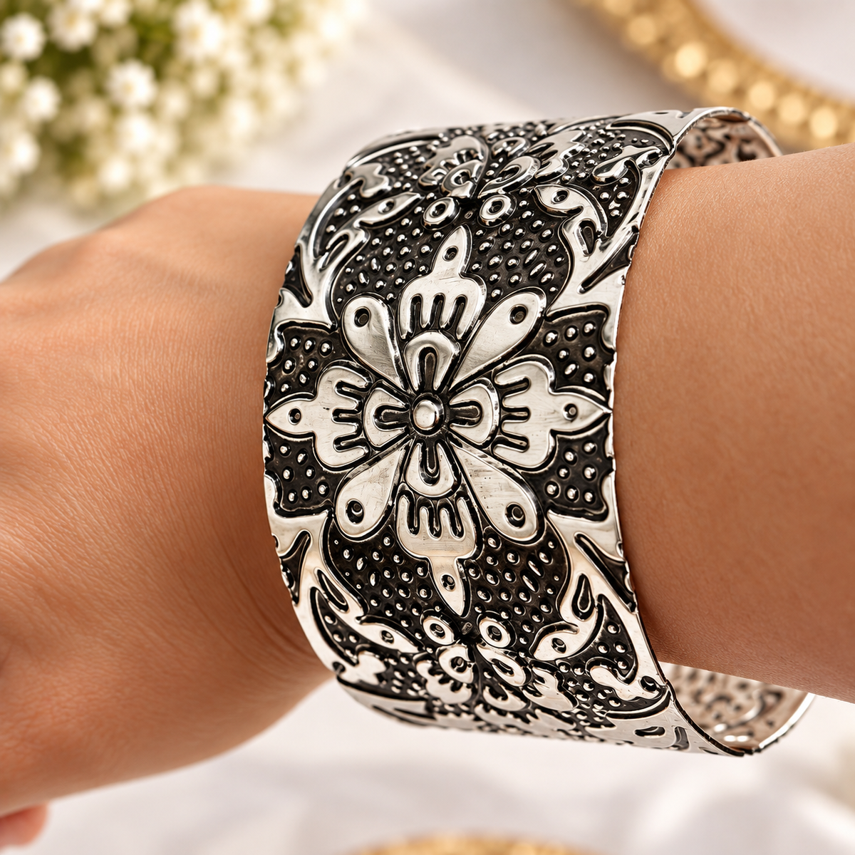 model wearing Oxidised Black & Silver Polished Floral Design Cuff Bracelet for Women