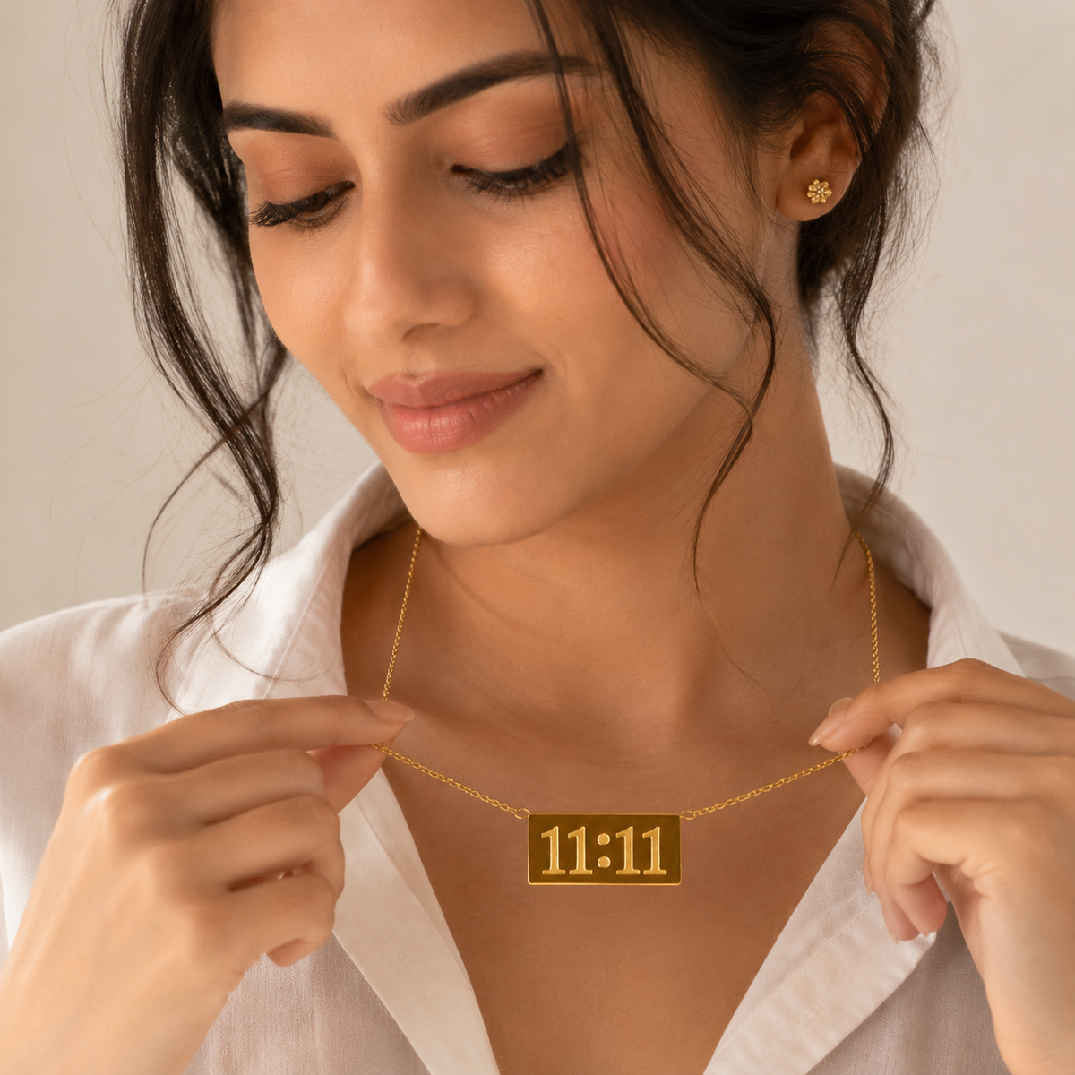 A woman wearing Serenity Gold Plated Anti Tarnish 11:11 Affirmation Necklace for Women