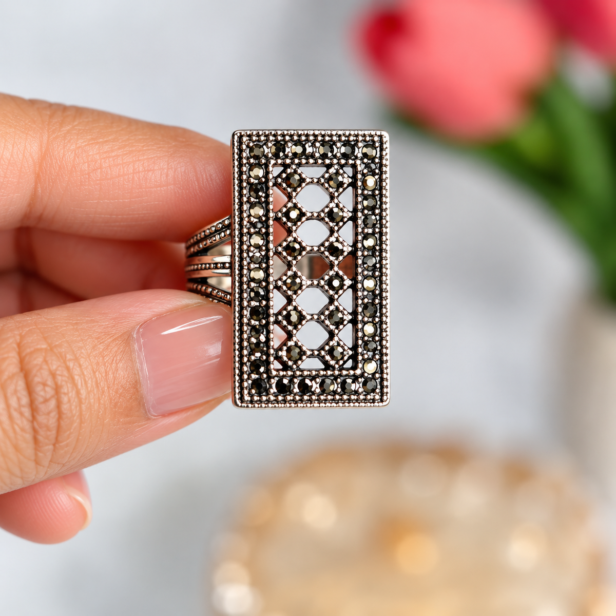 Oxidised Black & Silver Polished AD Geometric Statement Ring for Women close up