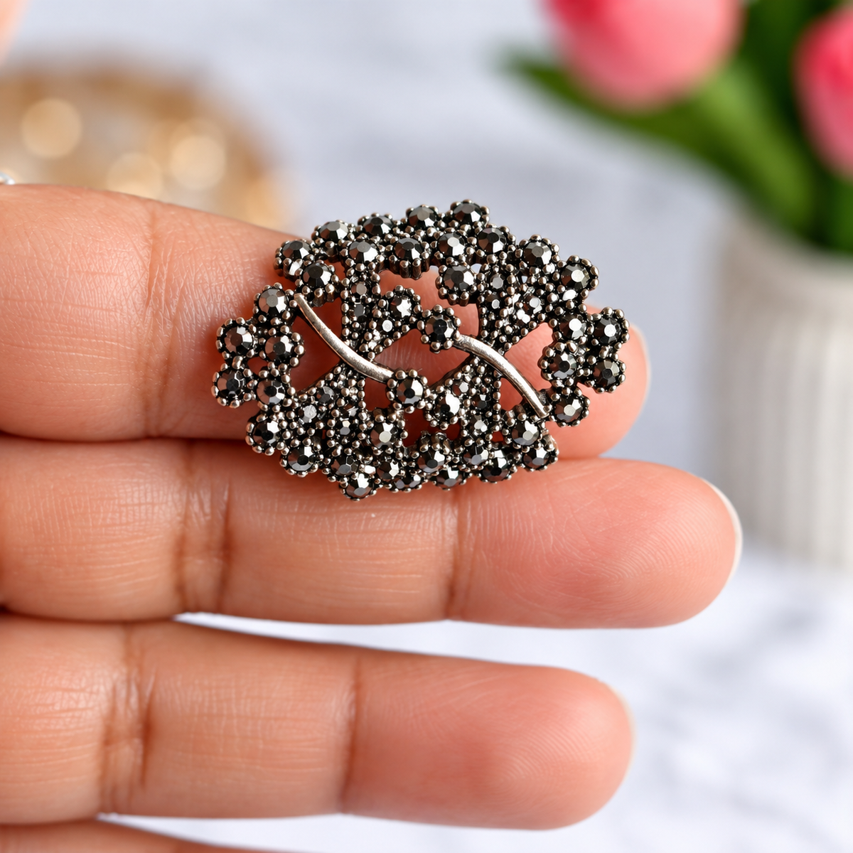 Horizontal view of Oxidised Black & Silver Polished AD Butterfly Statement Ring for Women