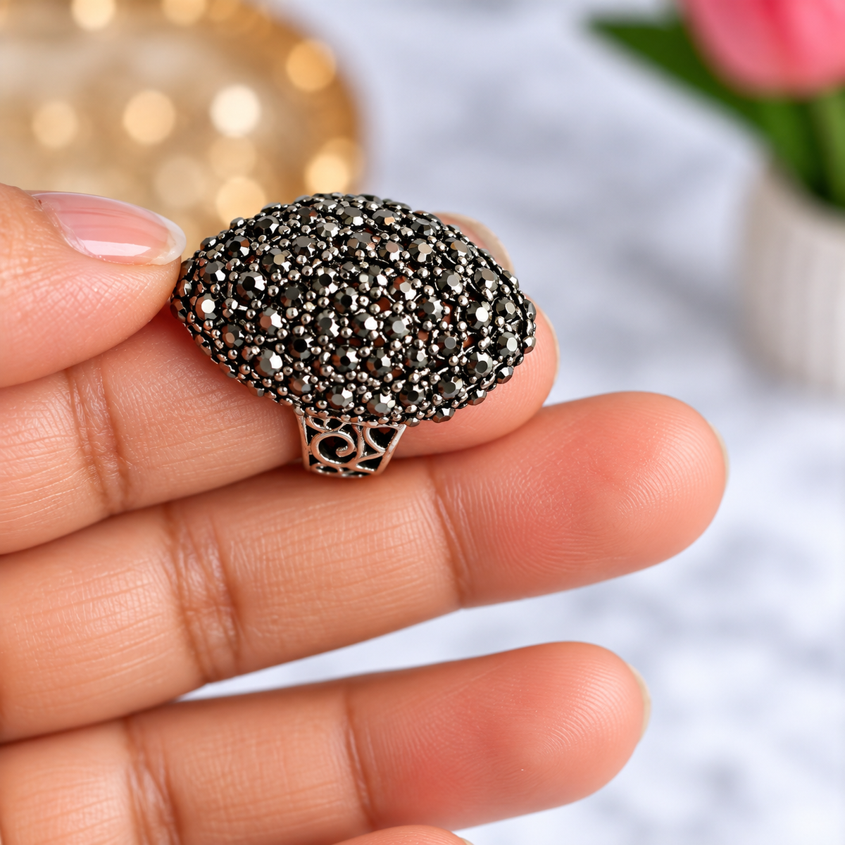 horizontal view of Oxidised Black & Silver Polished AD Dome Statement Ring for Women