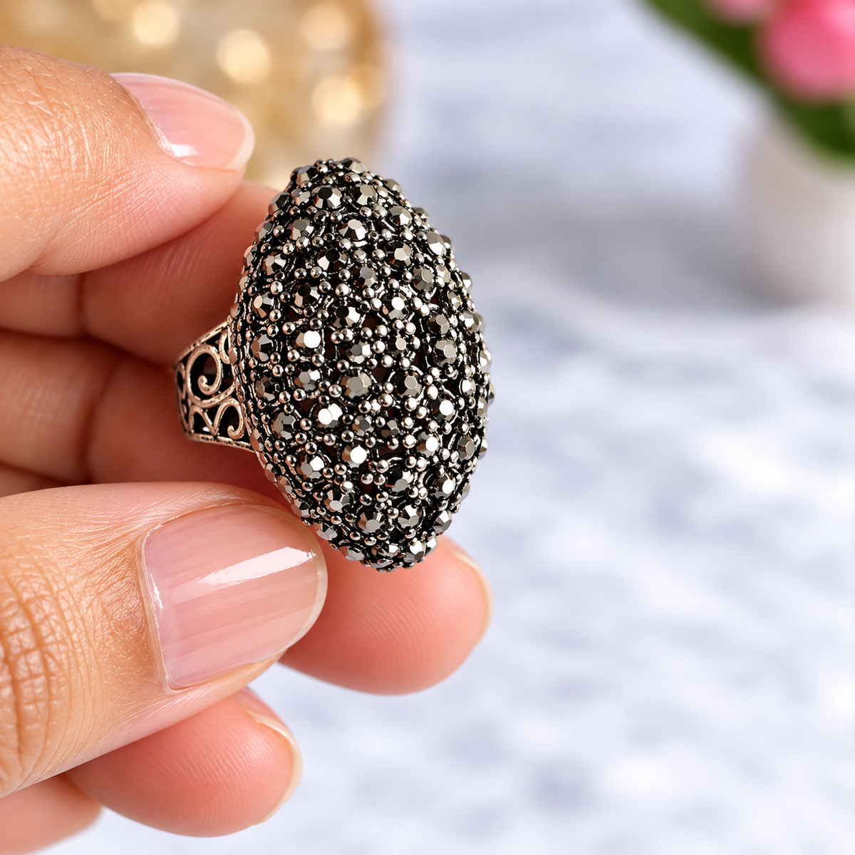 vertical view of Oxidised Black & Silver Polished AD Dome Statement Ring for Women