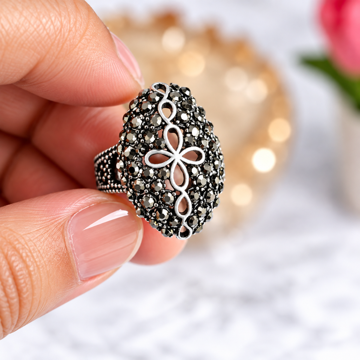 Vertical view of Oxidised Black & Silver Polished AD Floral Dome Statement Ring for Women 