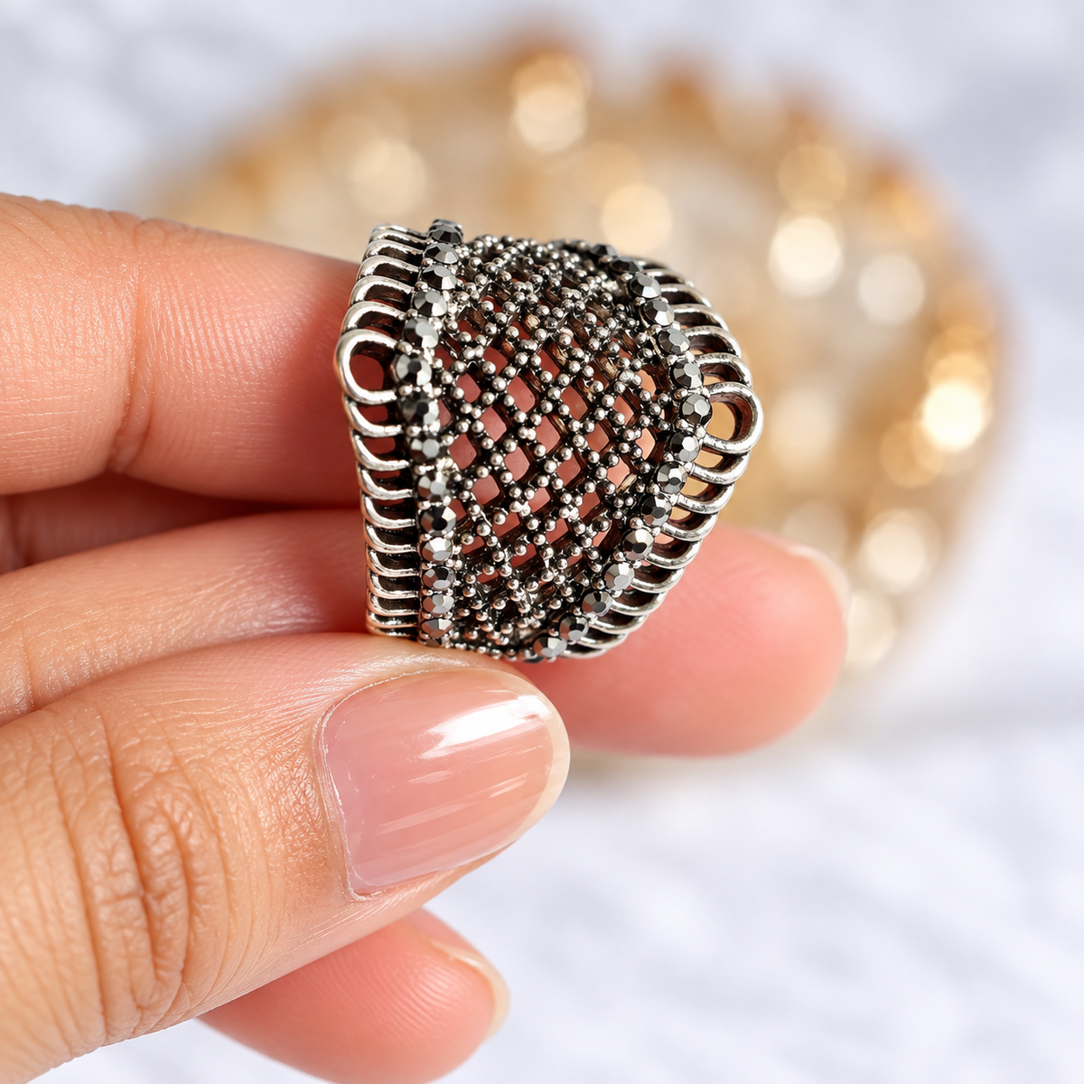 Oxidised Black & Silver Polished AD Lattice Statement Ring for Women