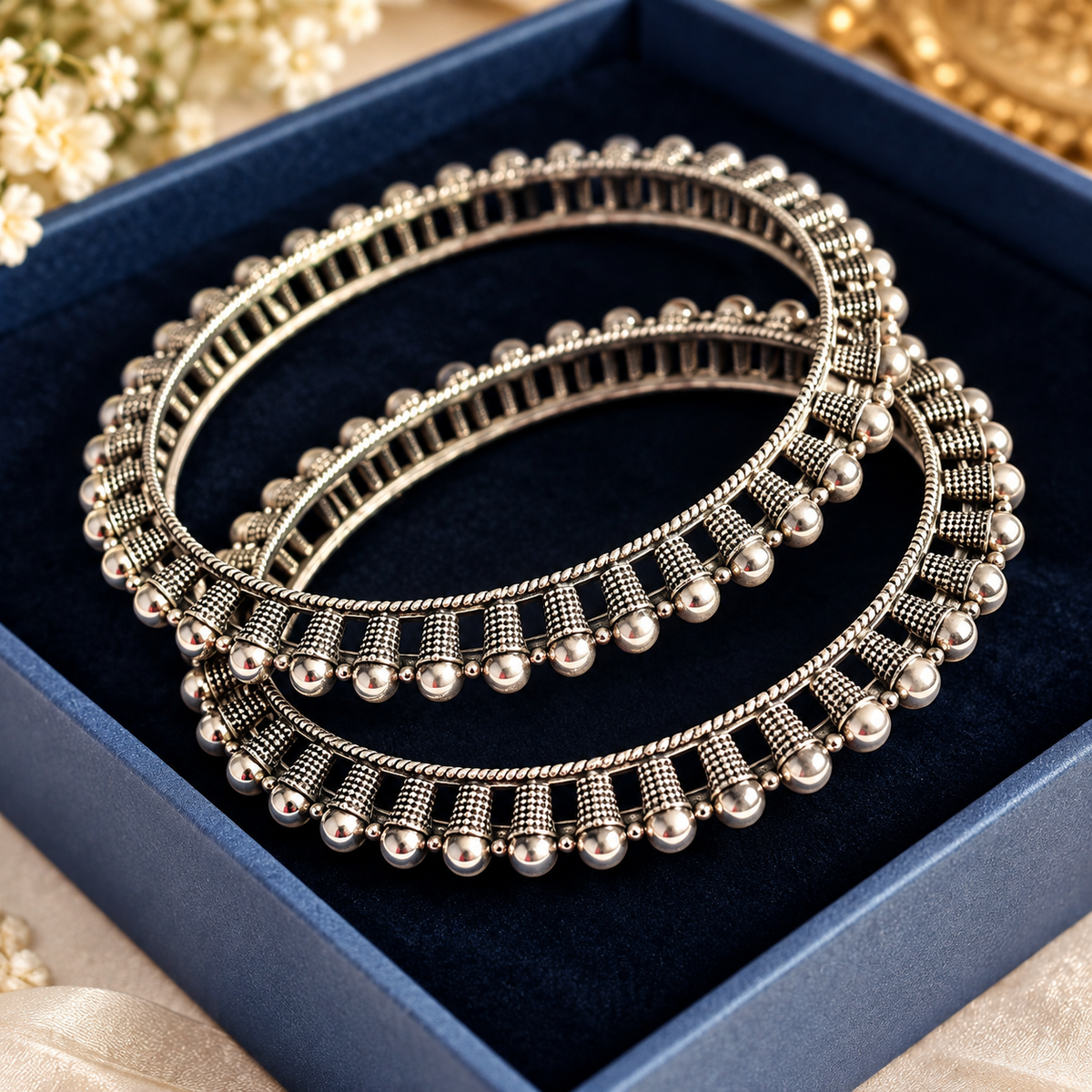 Oxidised Black & Silver Polished Ball Detail Ethnic Bangles for Women