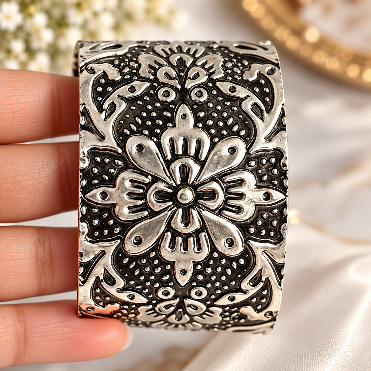 Oxidised Black & Silver Polished Floral Design Cuff Bracelet for Women close up