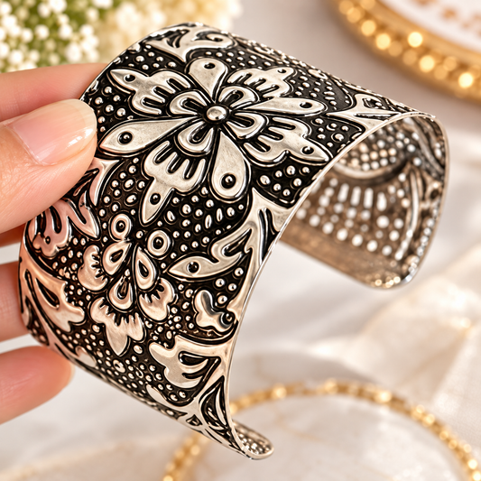 Oxidised Black & Silver Polished Floral Design Cuff Bracelet for Women