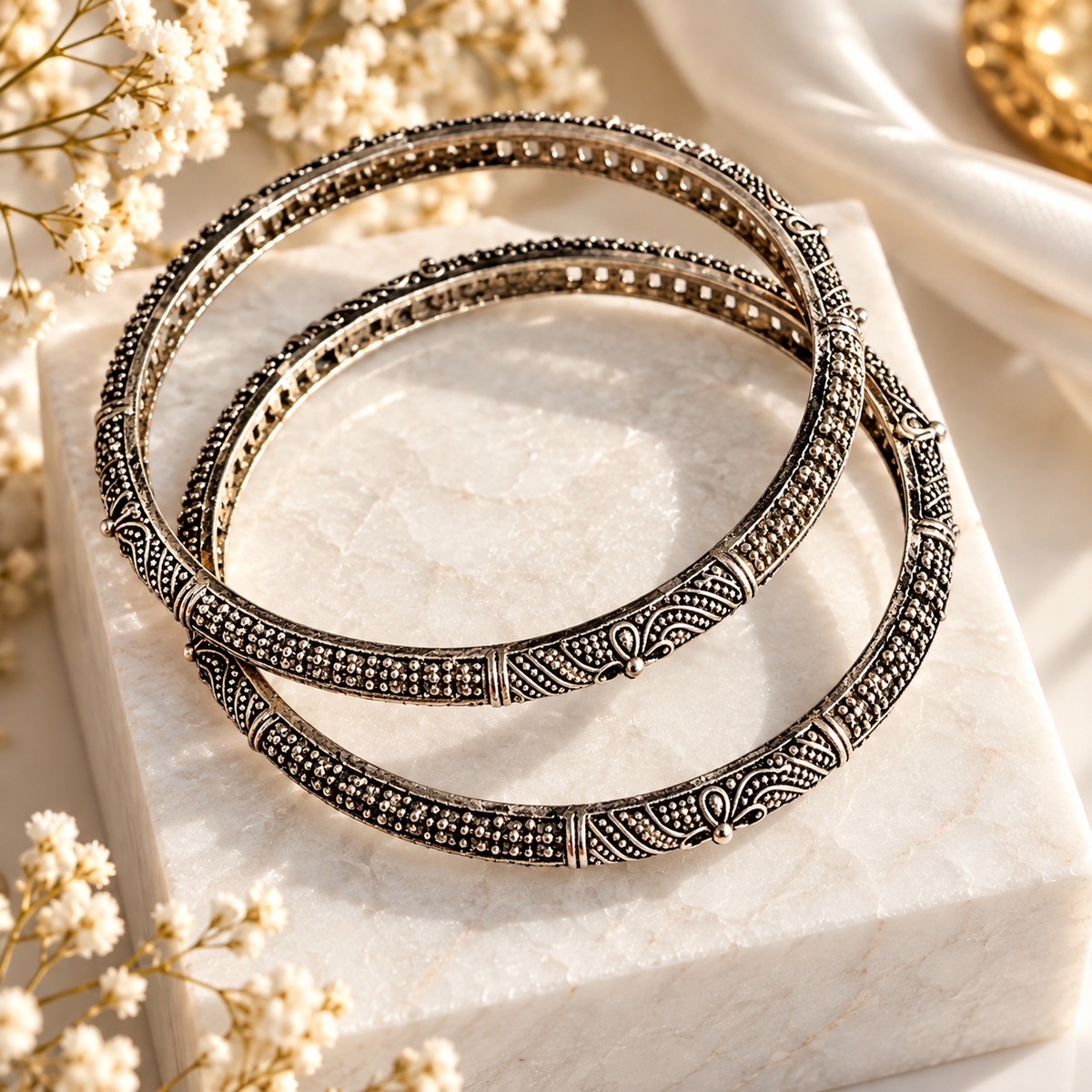 Oxidised Black & Silver Polished Floral Design Ethnic Bangles for Women