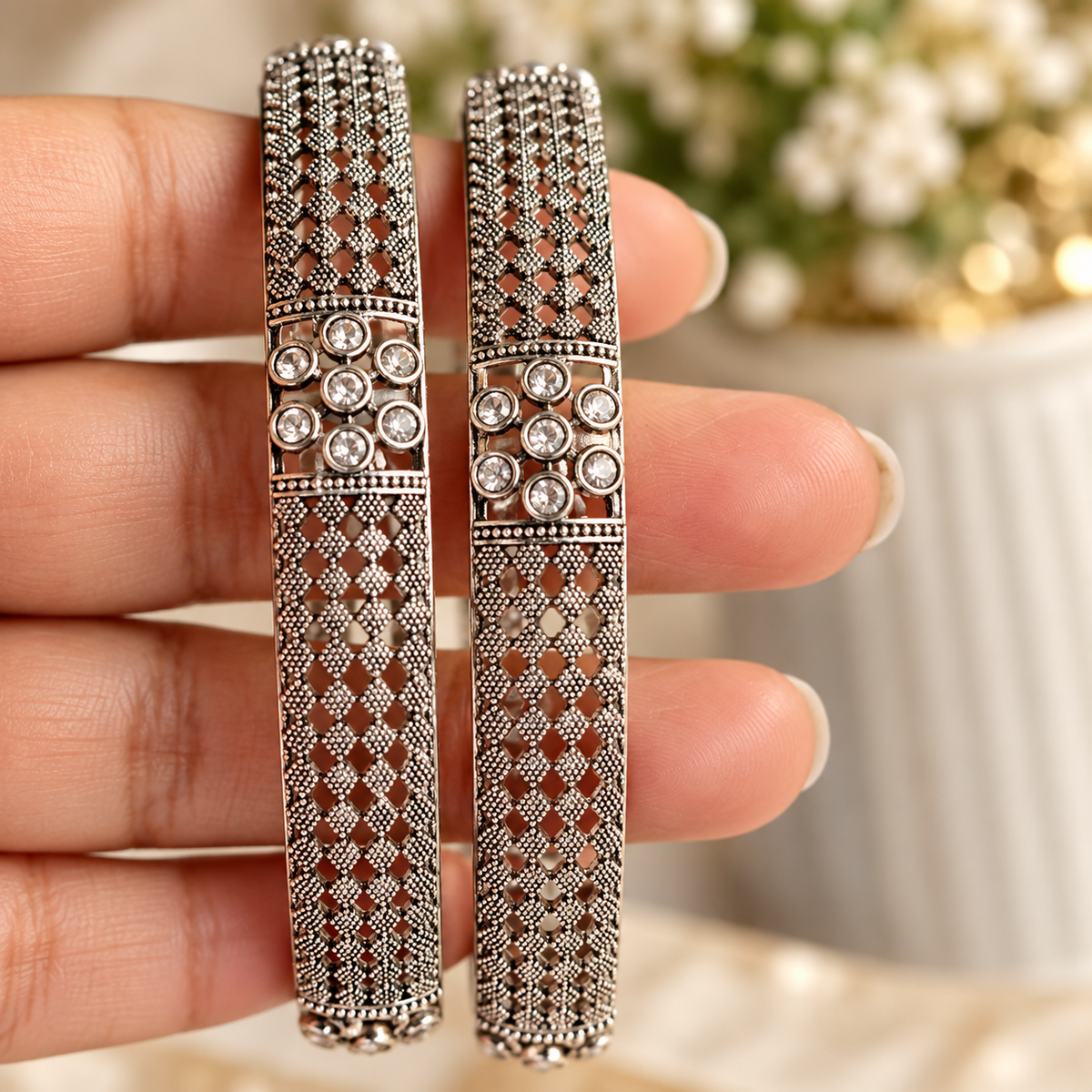 Oxidised Black & Silver Polished Stone Studded Ethnic Bangles for Women close up
