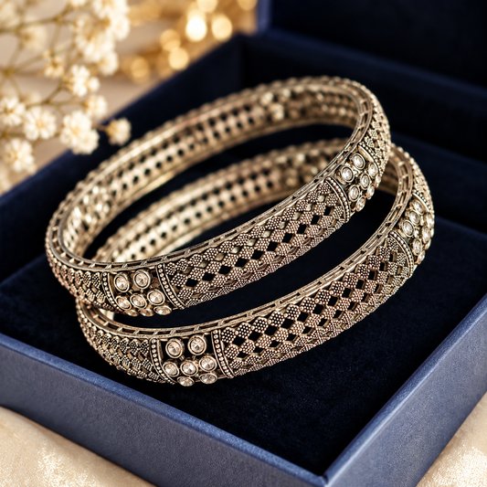 Oxidised Black & Silver Polished Stone Studded Ethnic Bangles for Women