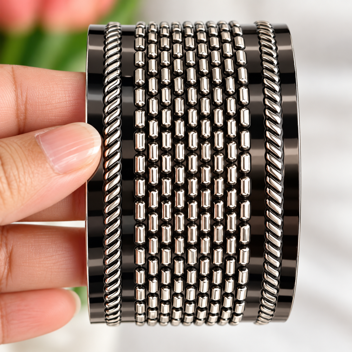 Oxidised Black & Silver Polished Stripe Design Cuff Bracelet for Women close up