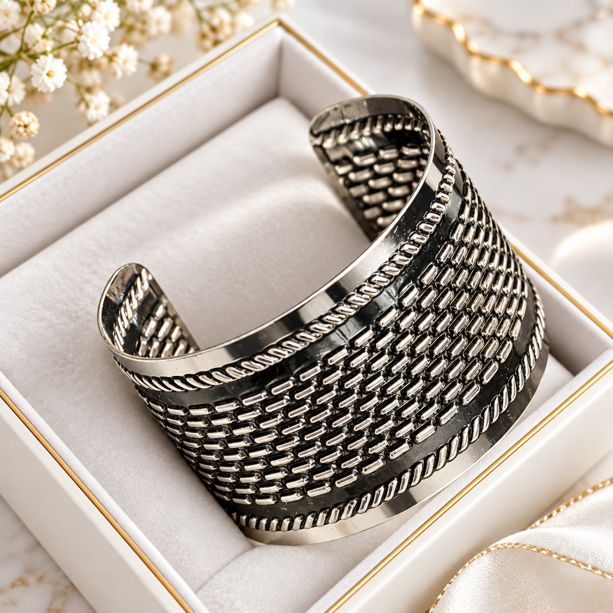 Oxidised Black & Silver Polished Stripe Design Cuff Bracelet for Women in a box