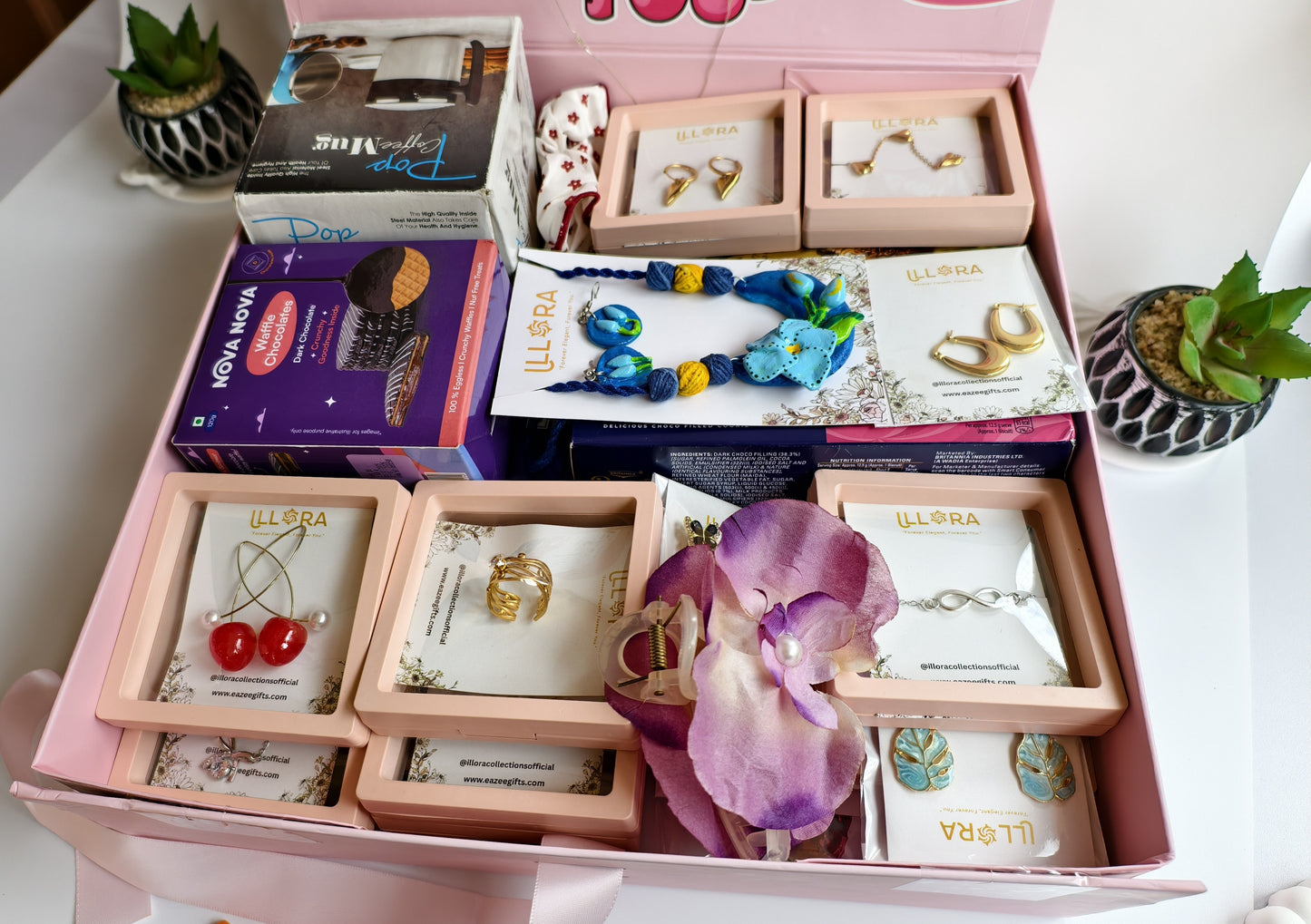 Close-up of Gift Hamper For Women & Girls on a white surface