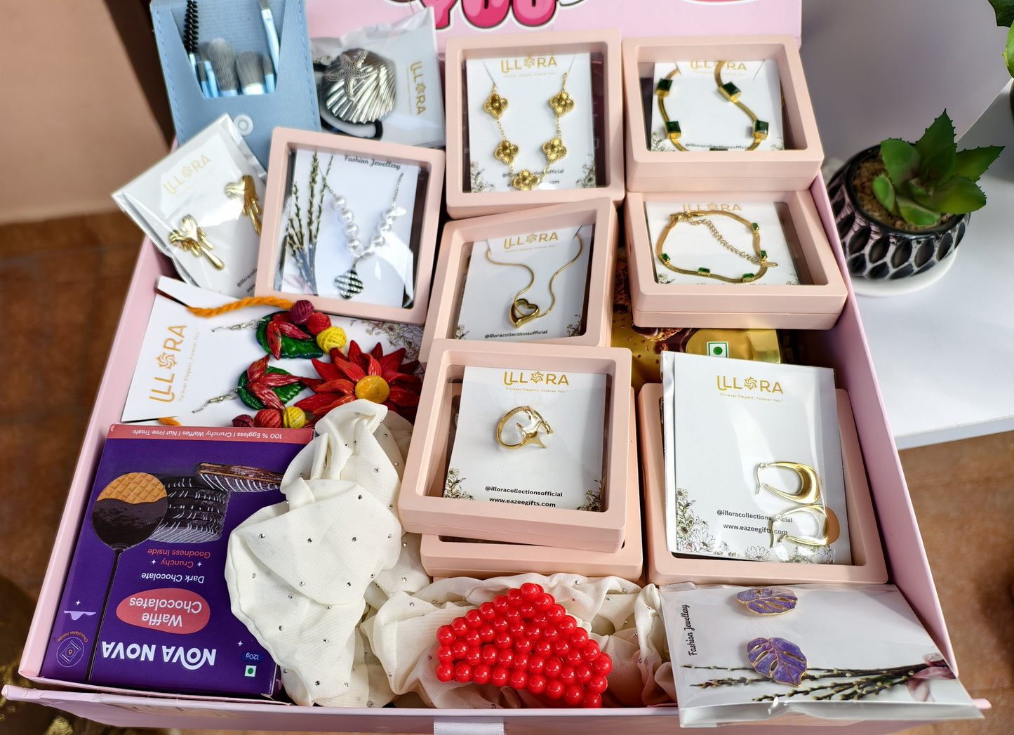 Close up of Valentine Day gift hamper for her