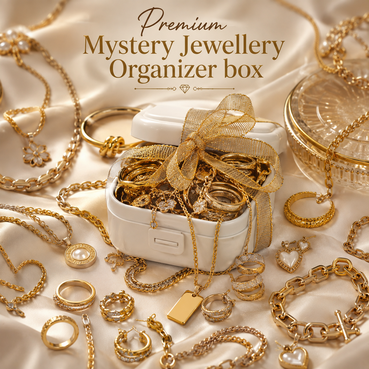 Premium Mystery Jewellery Box with Organizer for Women on a champagne satin background