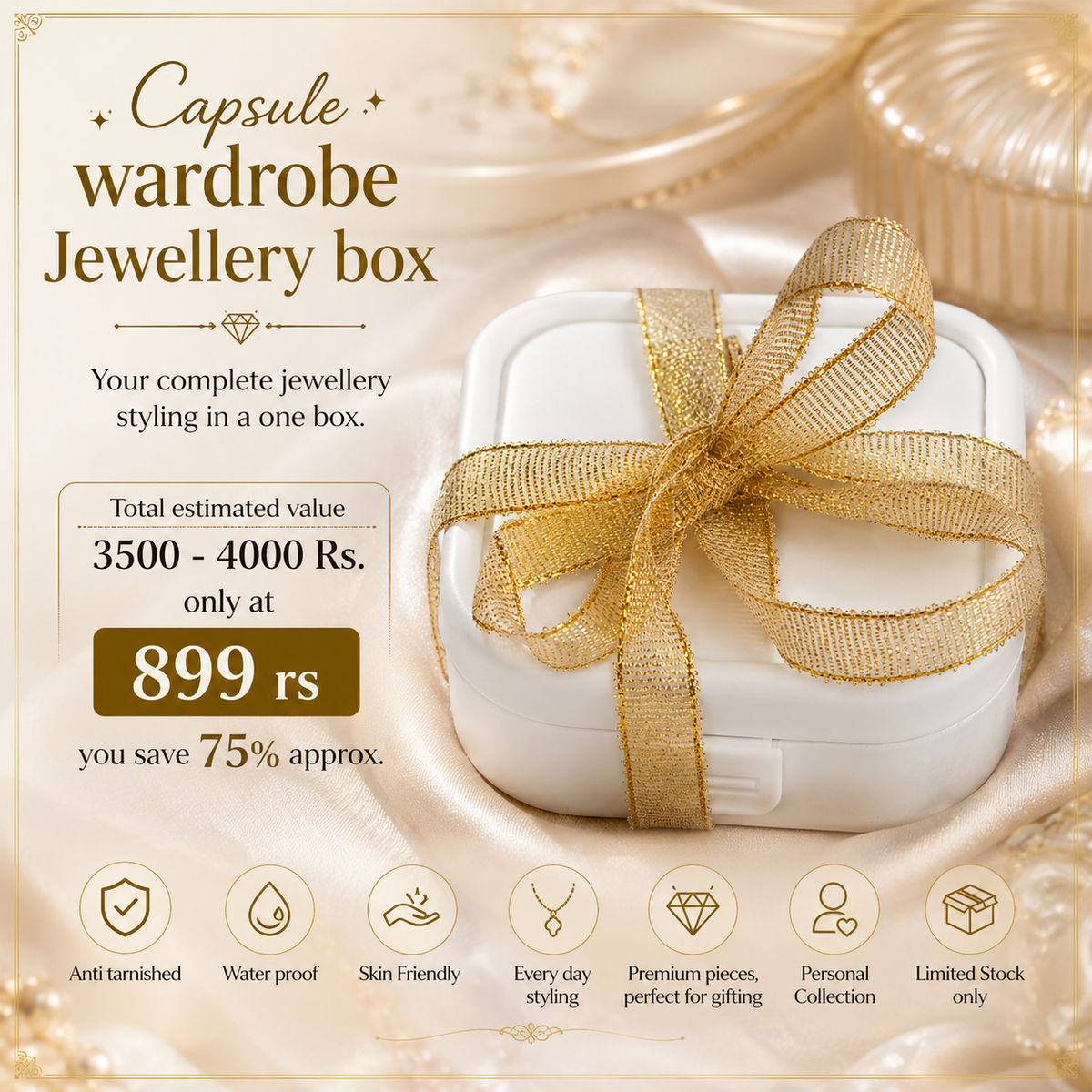Premium Mystery Jewellery Box with Organizer for Women on a soft satin colourd background
