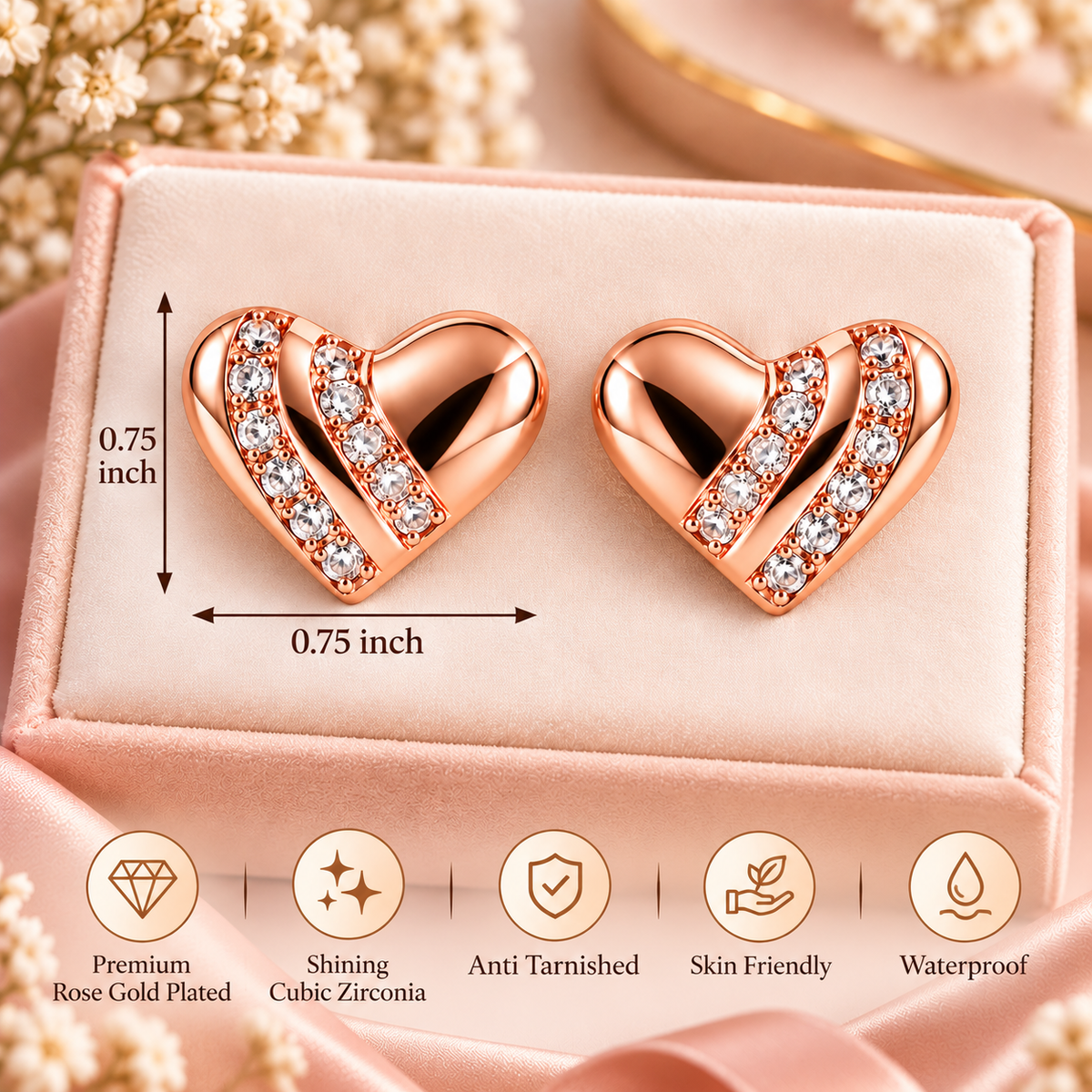Rose Gold Plated Anti Tarnish American Diamond (AD) Minimal Heart Stud Earrings for Women measurement