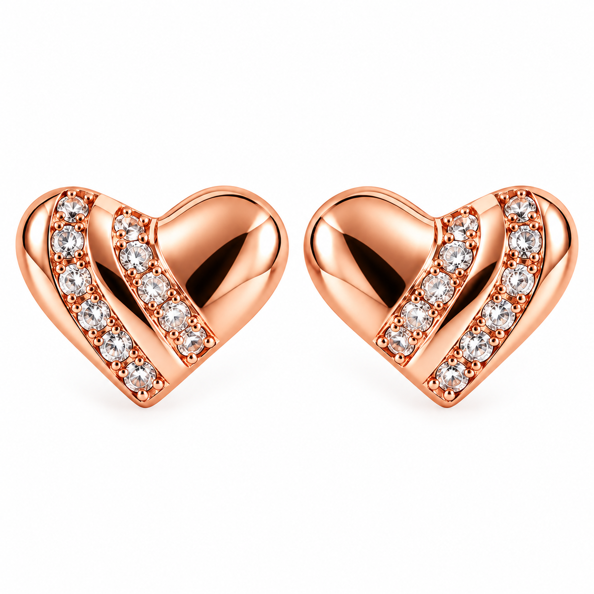 Rose Gold Plated Anti Tarnish American Diamond (AD) Minimal Heart Stud Earrings for Women in a white background