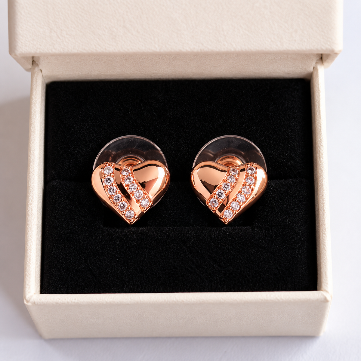 Rose Gold Plated Anti Tarnish American Diamond (AD) Minimal Heart Stud Earrings for Women