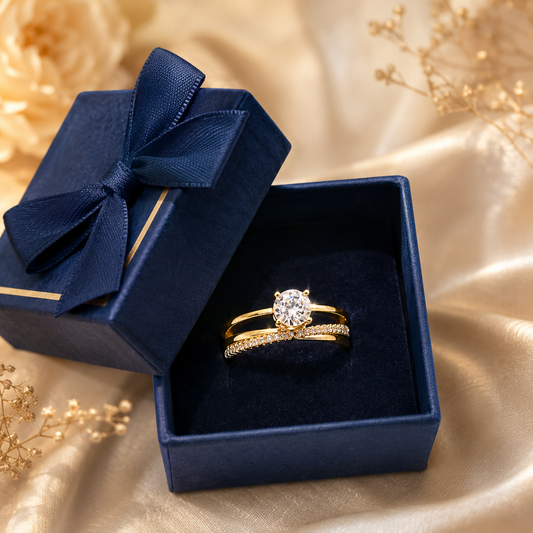 Seraphina Gold Plated Anti Tarnish Classic Zircon Open Ring in a jewellery box