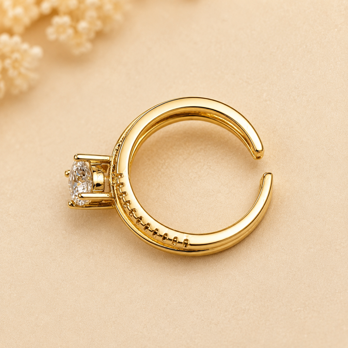 Seraphina Gold Plated Anti Tarnish Classic Zircon Open Ring, displayed on a textured beige background