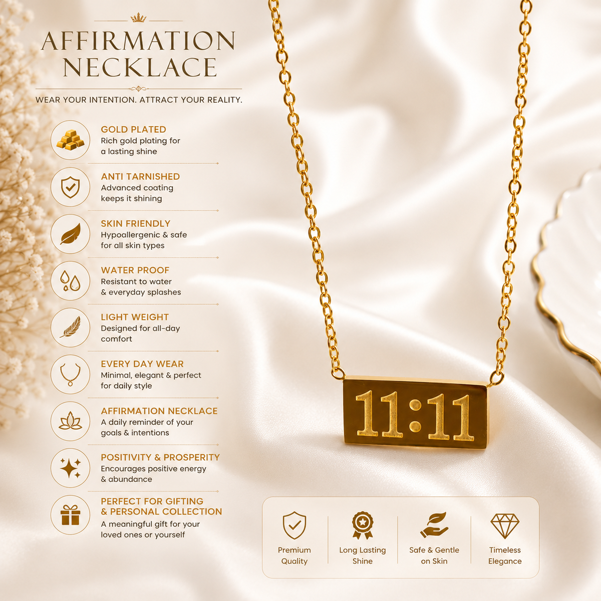 Serenity Gold Plated Anti Tarnish 11:11 Affirmation Necklace for Women product feature