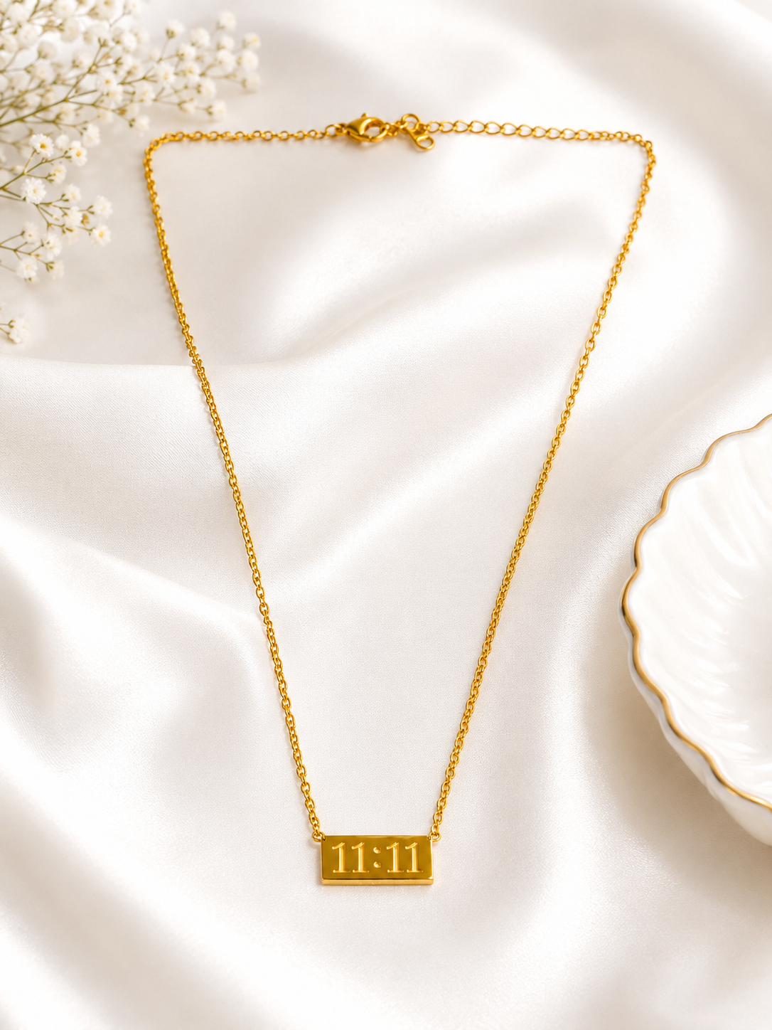 Serenity Gold Plated Anti Tarnish 11:11 Affirmation Necklace for Women on white background