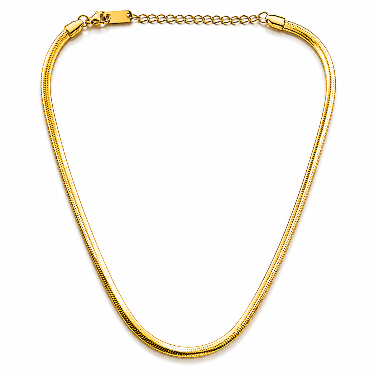close up of Serpentina Herringbone Gold Plated Anti Tarnish Snake Chain Necklace