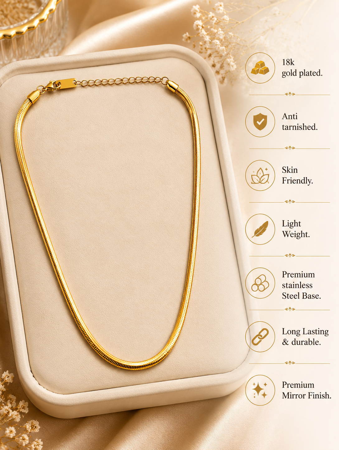 Serpentina Herringbone Gold Plated Anti Tarnish Snake Chain Necklace for Women product features