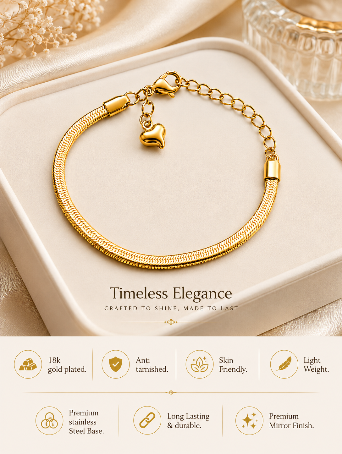 Serpentina Herringbone Duo gold plated anti tarnish snake chain bracelet product features