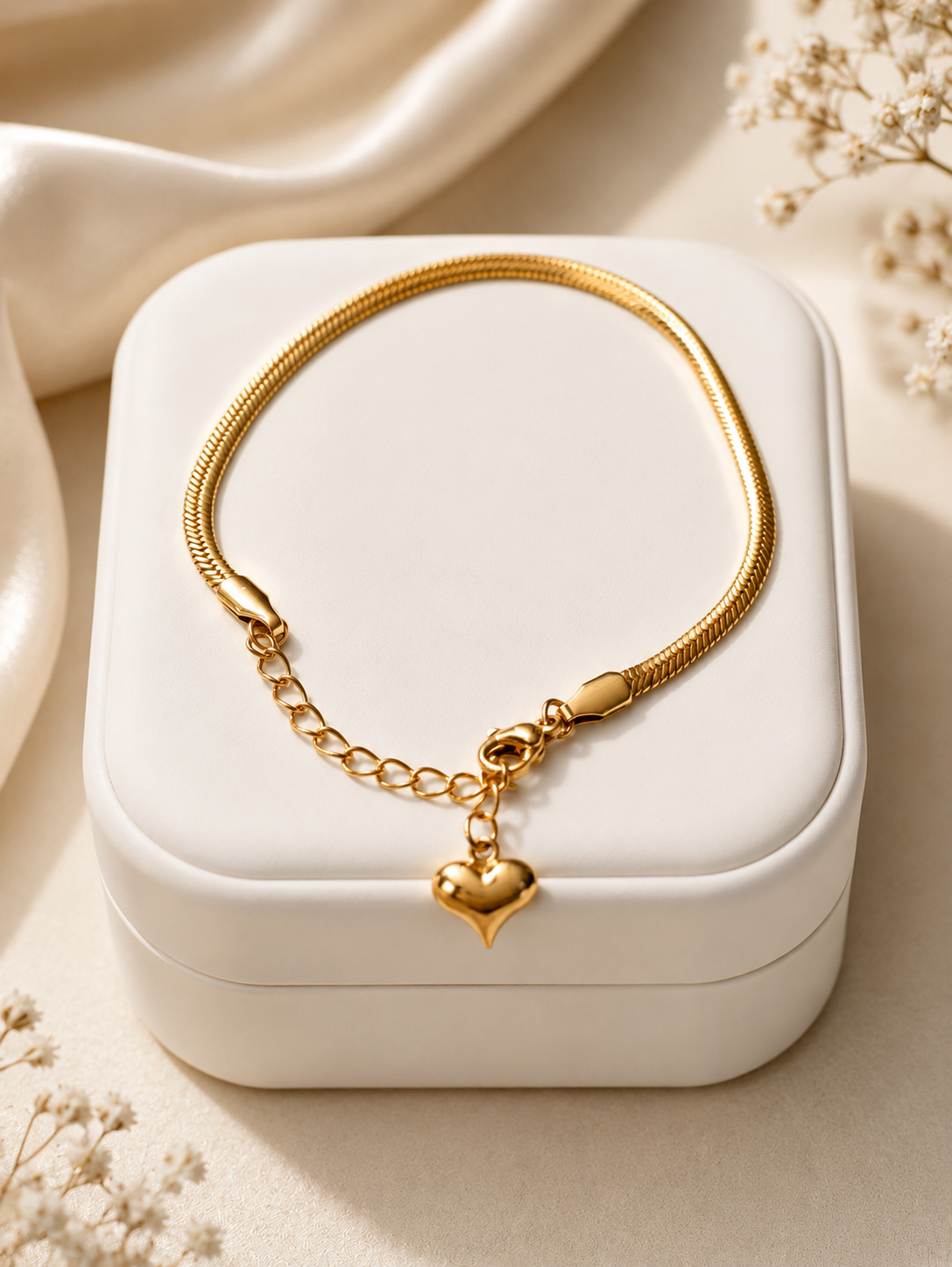 A gold plated anti tarnish snake chain  bracelet with a small heart charm, displayed on a white jewelry box.