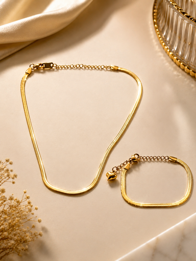 Serpentina Herringbone Gold Plated Anti Tarnish Necklace & Bracelet Set for Women