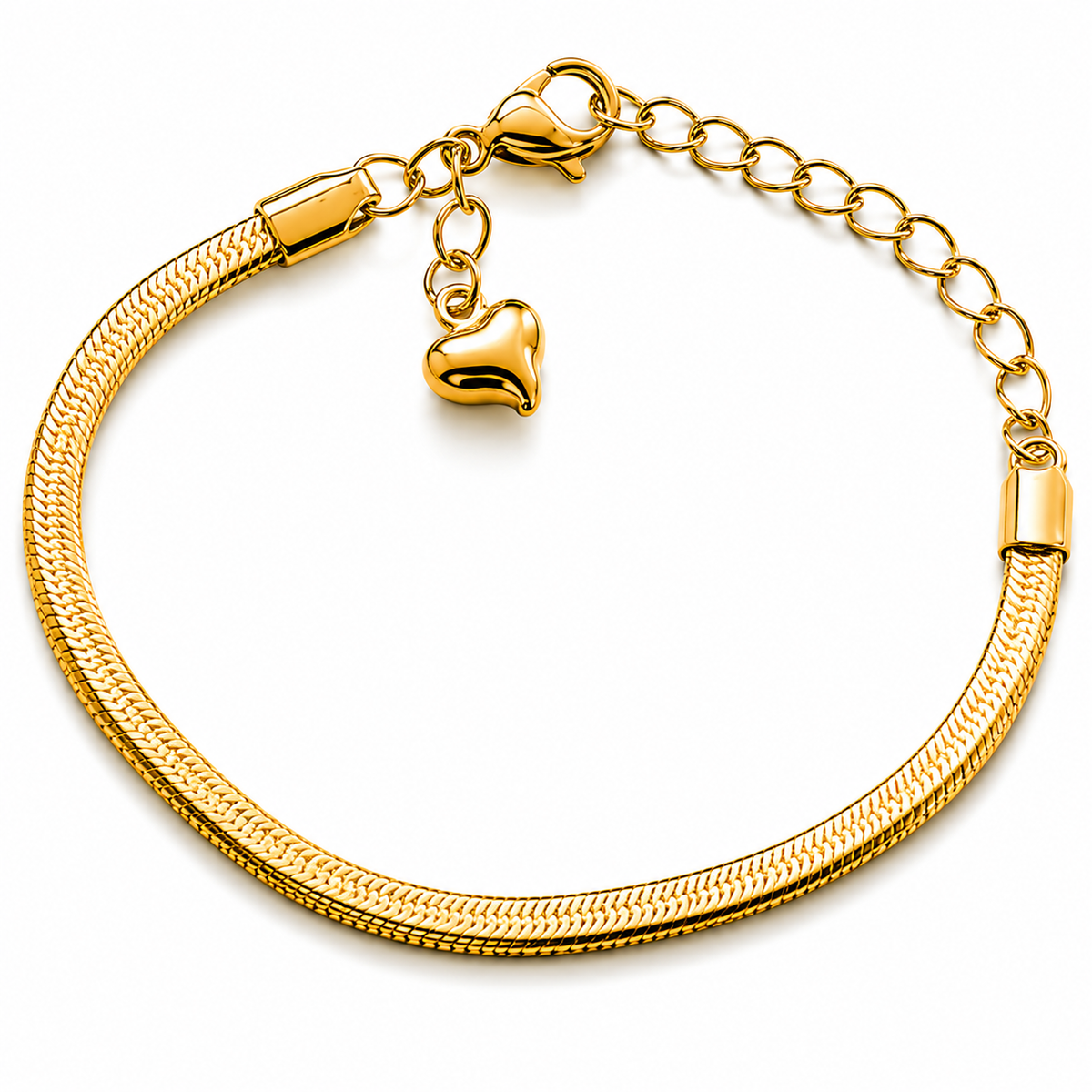 close up of Serpentina Herringbone Gold Plated Anti Tarnish Snake Chain Heart Bracelet for Women