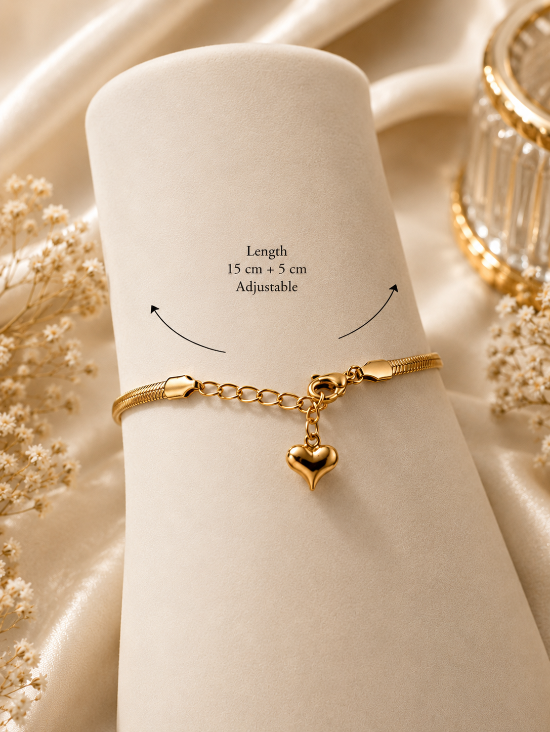 Serpentina Herringbone Gold Plated Anti Tarnish Snake Chain Heart Bracelet for Women dimensions