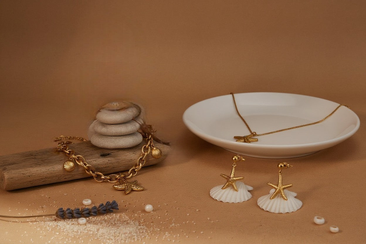 Summer Tide Starfish Gold Plated Anti-Tarnish Jewellery Set for Women on a brown background with decorative elements.