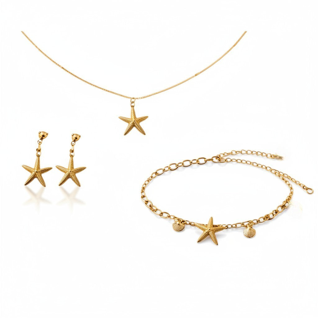 Anti-tarnish gold-plated jewelry set with starfish design on a white background